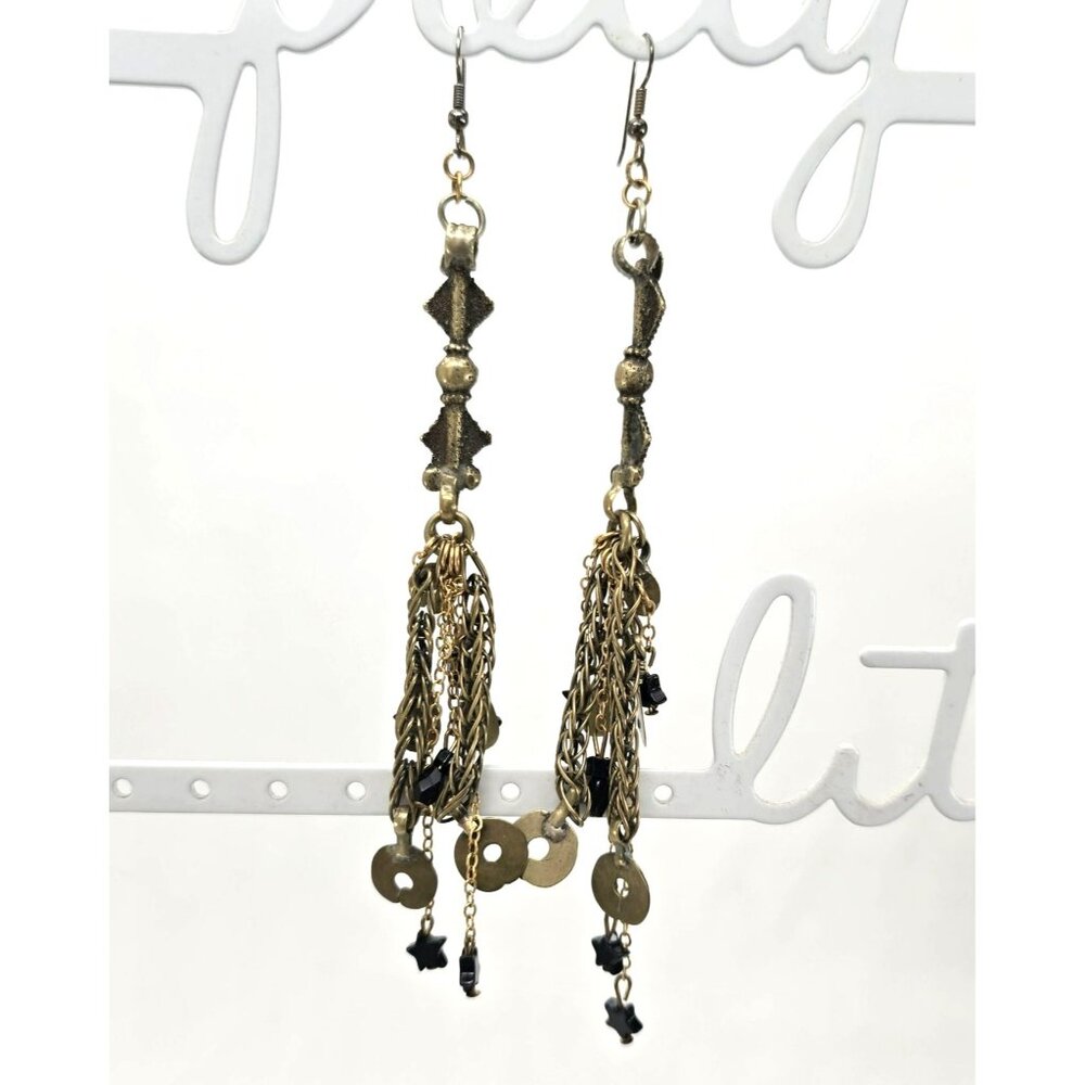 Vintage Bohemian Brass & Black Dangle Earrings With Chain & Star Accents jj3783